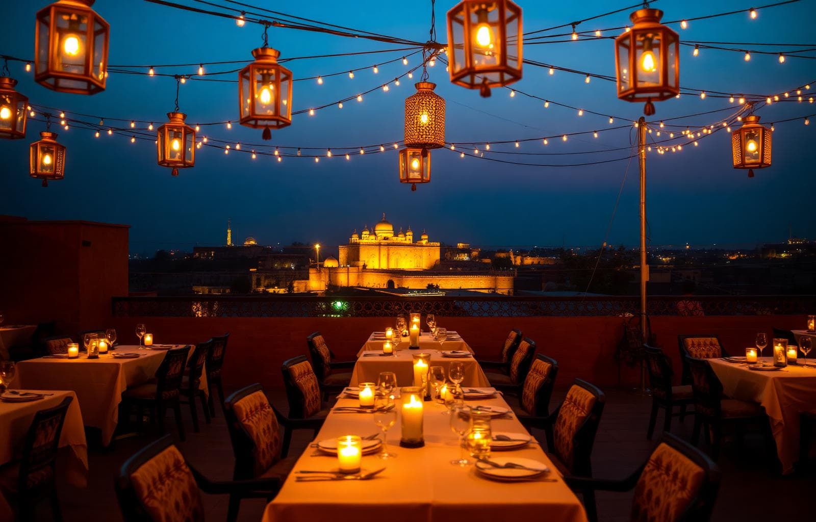 Café rooftop at twilight, candlelit tables under lanterns