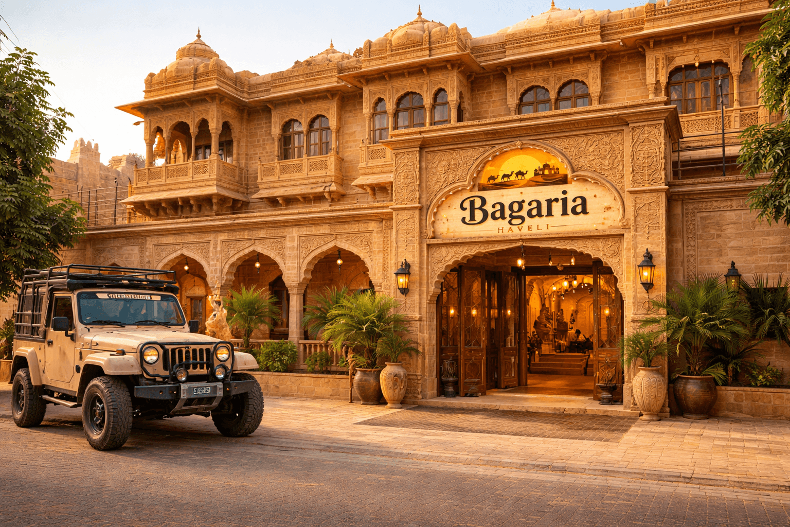 Bagaria Haveli at golden hour with Thar desert dunes